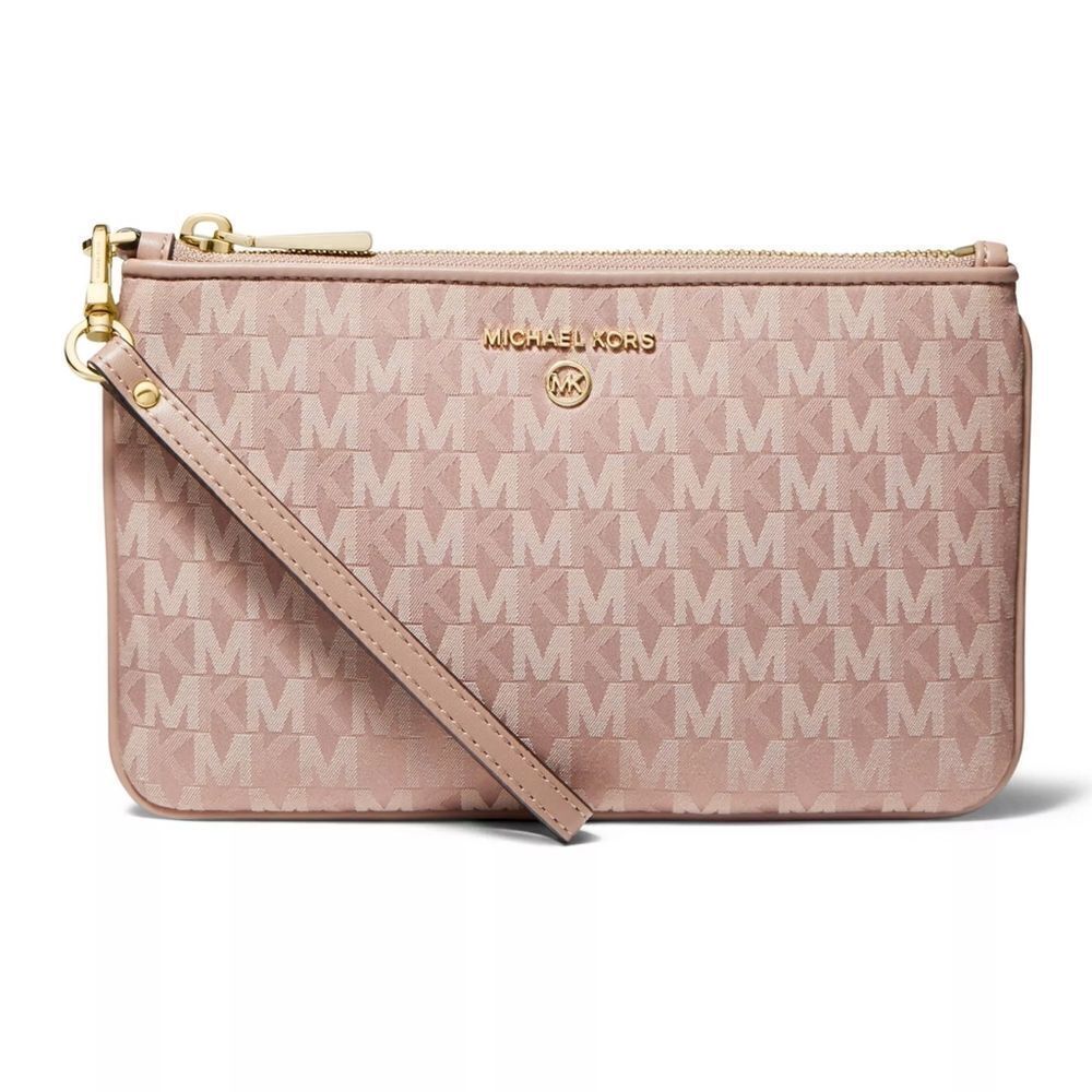 New! MICHAEL KORS MK Logo Jet Set Medium Top Zip Wristlet With Strap Color Fawn